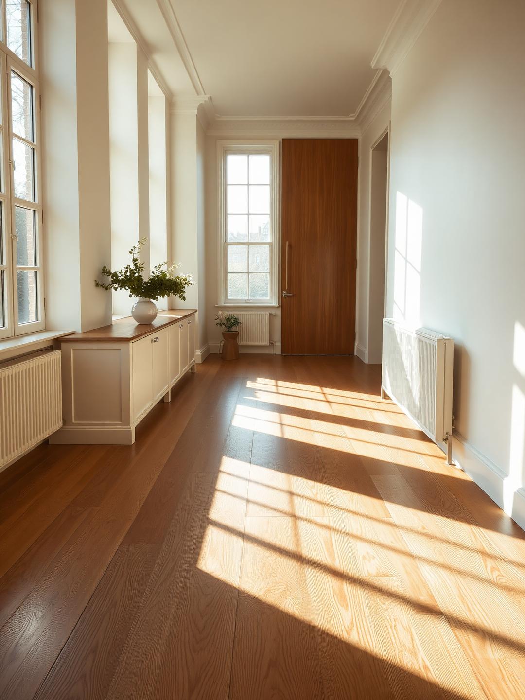 Wide-plank oak flooring in a sun-drenched British townhouse hallway